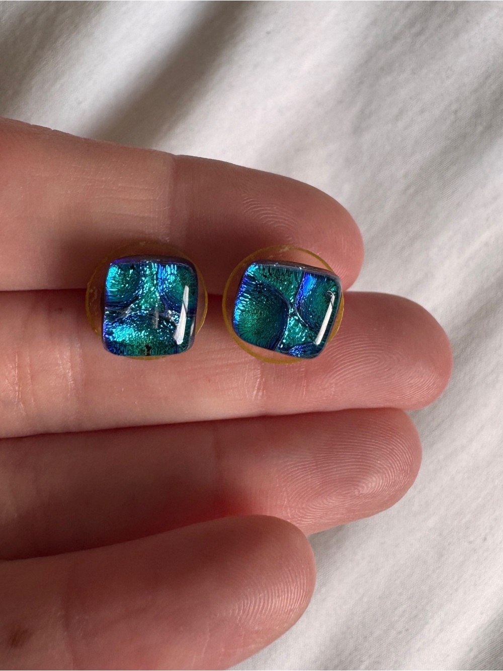 Handmade Blue-Green Dichroic Glass Stud Earrings